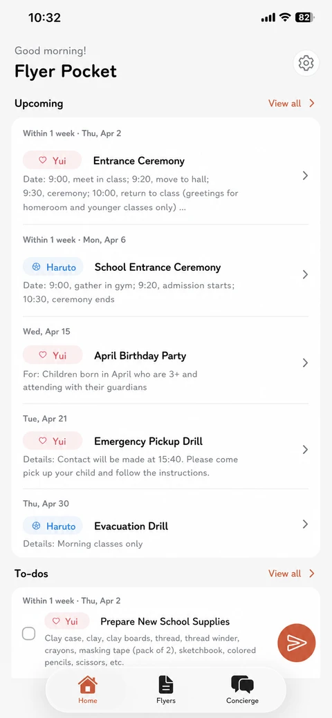 Flyer Pocket calendar screen showing upcoming school events for the month