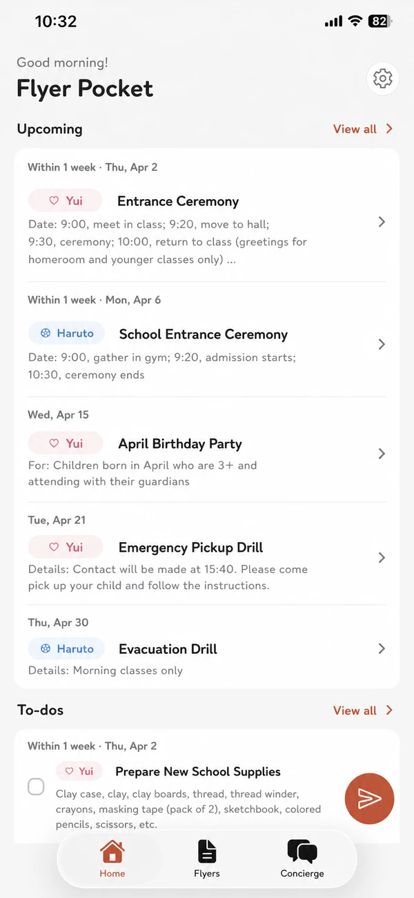 Flyer Pocket calendar screen showing upcoming school events for the month