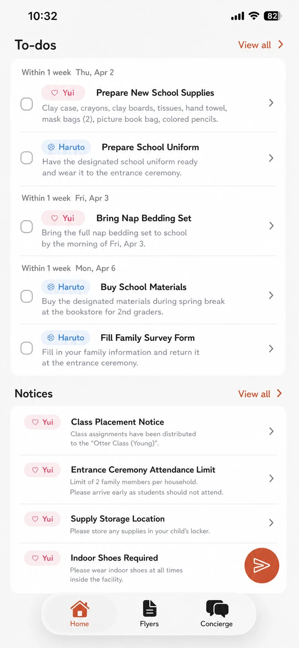 Flyer Pocket packing list showing items and forms ordered by due date