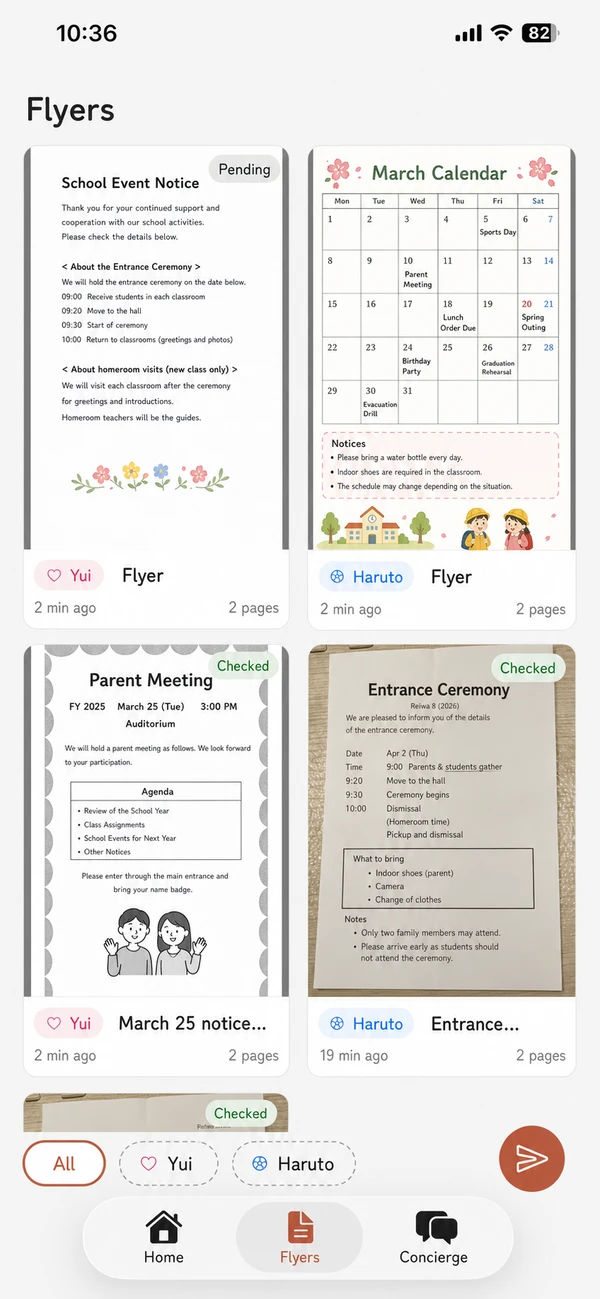 Flyer Pocket flyer screen showing events and packing items extracted from a school notice